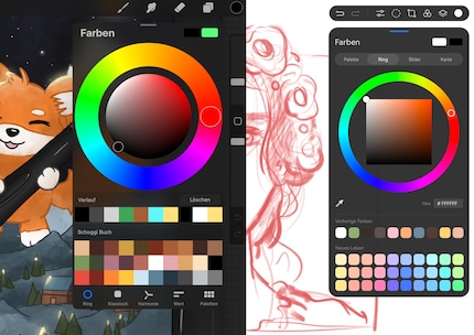 Die Farbauswahl links von Procreate, rechts von GoPaint.