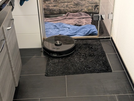 The bathroom is vacuumed and mopped, the bathroom mat just vacuumed.