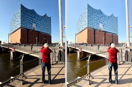 Dezelfde afbeelding één keer met toon -100 (links) en één keer met toon +100 (rechts).