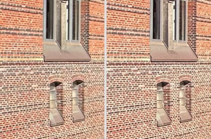 Extreem vergrote uitsnede van de ultra-groothoekcamera van de iPhone 15 Pro (links) en de iPhone 16 Pro (rechts). Kun je nog meer texturen herkennen? Ik niet.