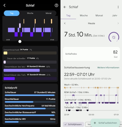 Die Schlafdaten von Colmi (links) und der Pixel-Smartwatch (rechts).
