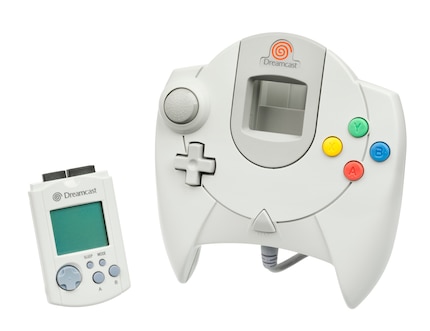 The Dreamcast controller might have an iconic shape, but it unfortunately doesn’t fit snugly into your hand. Pictured next to it is a Virtual Memory Unit.