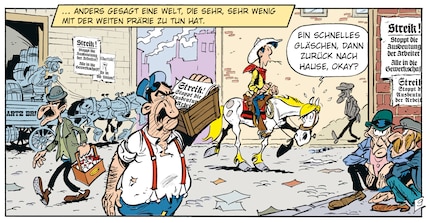Het avontuur brengt Lucky Luke naar de industriële stad in plaats van naar de wijde wereld van de prairie.