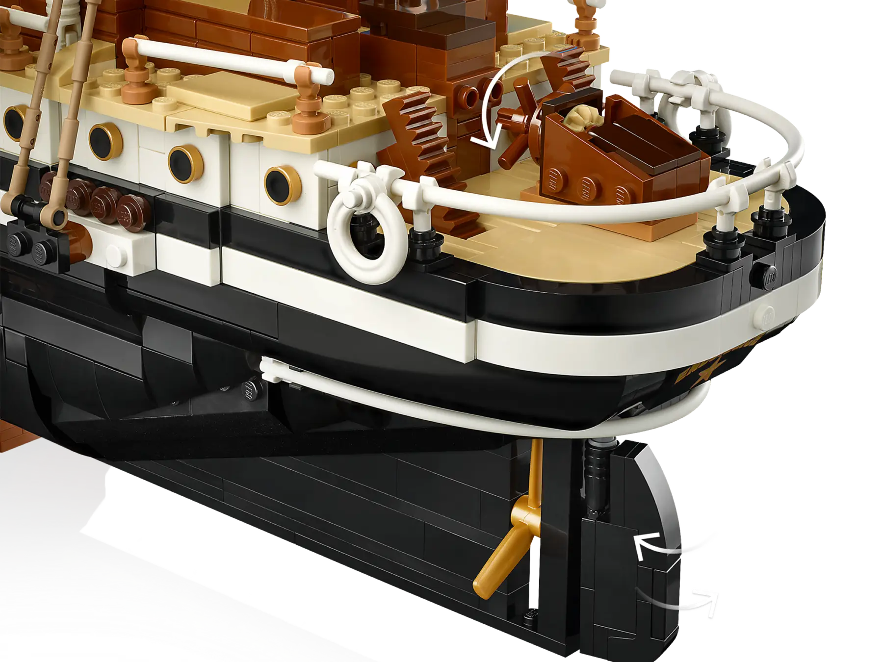 The ship's steering wheel can be turned.