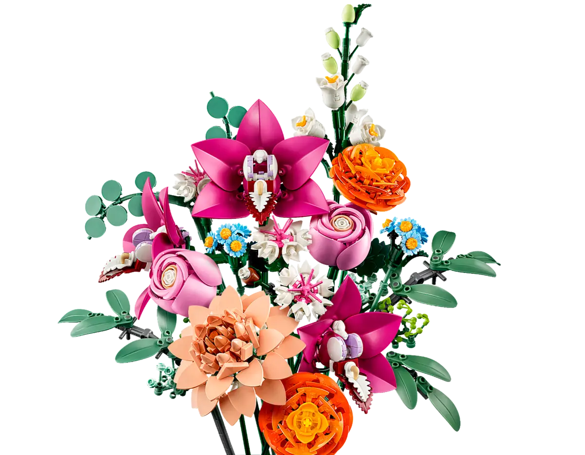 The colourful bouquet of Lego flowers.