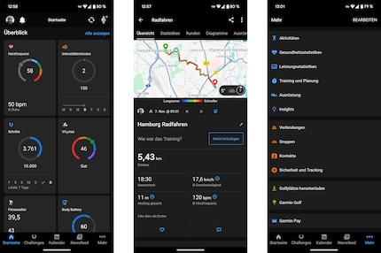 The Garmin app: the start page with an overview, detailed tracking and countless settings.