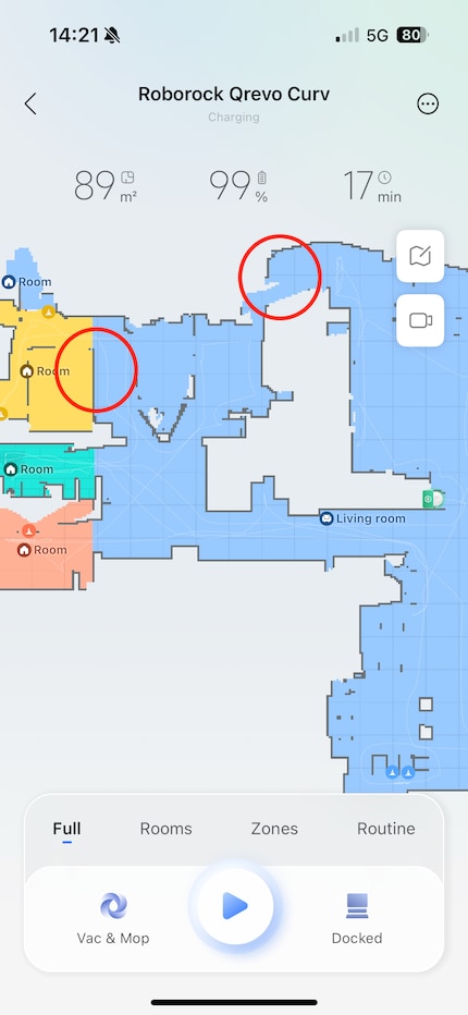 The two annoying mistakes are circled in red. Two rooms are connected via the balcony and one room is randomly divided into two in the middle.