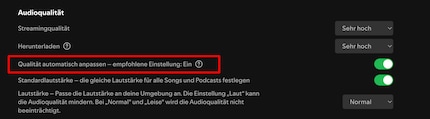 The quality levels in Spotify can be set here.
