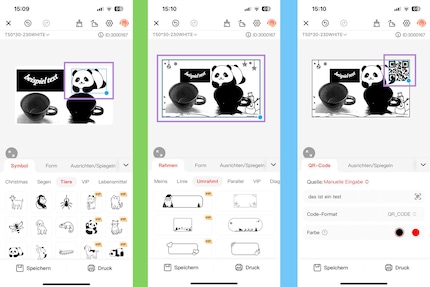 Eine grosse Auswahl an Stickern (links), Rahmen (Mitte) und der QR-Code-Generator (rechts) sind gratis. 