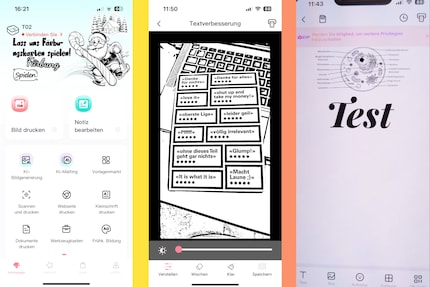 Die Phomemo App verfügt über eine grosse Auswahl an Tools (links). Mit der Scan Funktion, kann ich Dokumente fotografieren (Mitte). Text drucken ist leider kostenpflichtig (rechts). 