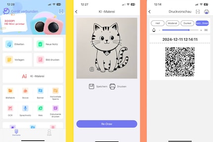 Auch die WalkPrint App verfügt über eine grosse Auswahl an Tools (links). Mit der «KI-Malerei», kann ich Text-zu-Bilder Motive erstellen (Mitte). Sprachnachrichten kann ich aufnehmen und später über einen QR-Code aufrufen (rechts).