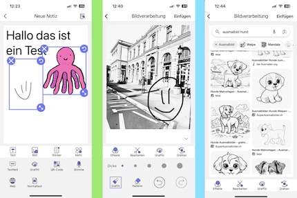 Anders als Sticker, Rahmen und Zeichnungen, ist der Text fix (links). Für die Bildbearbeitung stehen einige Filter zur Verfügung (Mitte). Mit der App kann ich regelrecht ganze Webseiten drucken (rechts). 