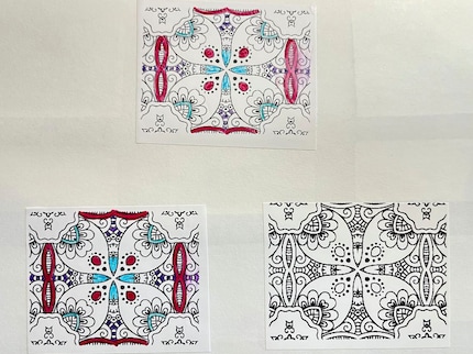 Das Thermopapier von Phomemo T02 (links) nimmt die Farbe am besten auf, beim EX.34958 (Mitte) dauert es etwas länger bis sie trocken ist. Die Stickerfolie vom B21 kann ich nicht bemalen. 