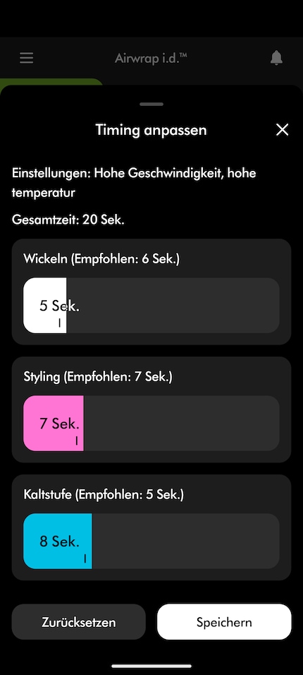Gebaseerd op mijn haarprofiel geeft de app aanbevelingen over de duur van de afzonderlijke stappen. Hier heb ik het handmatig veranderd.