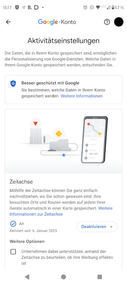 Je kunt de tijdlijninstellingen openen via de blauwe stip in Google Maps.
