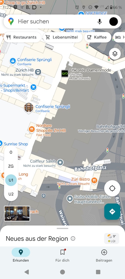 Mijn redder in nood in Zürich: de plattegronden op het hoofdstation. Aan de linkerkant selecteer ik de verdieping die moet worden weergegeven.