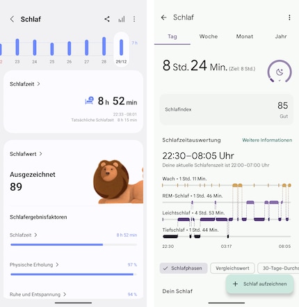 Links das Schlaftracking des Rings, rechts das der Smartwatch.