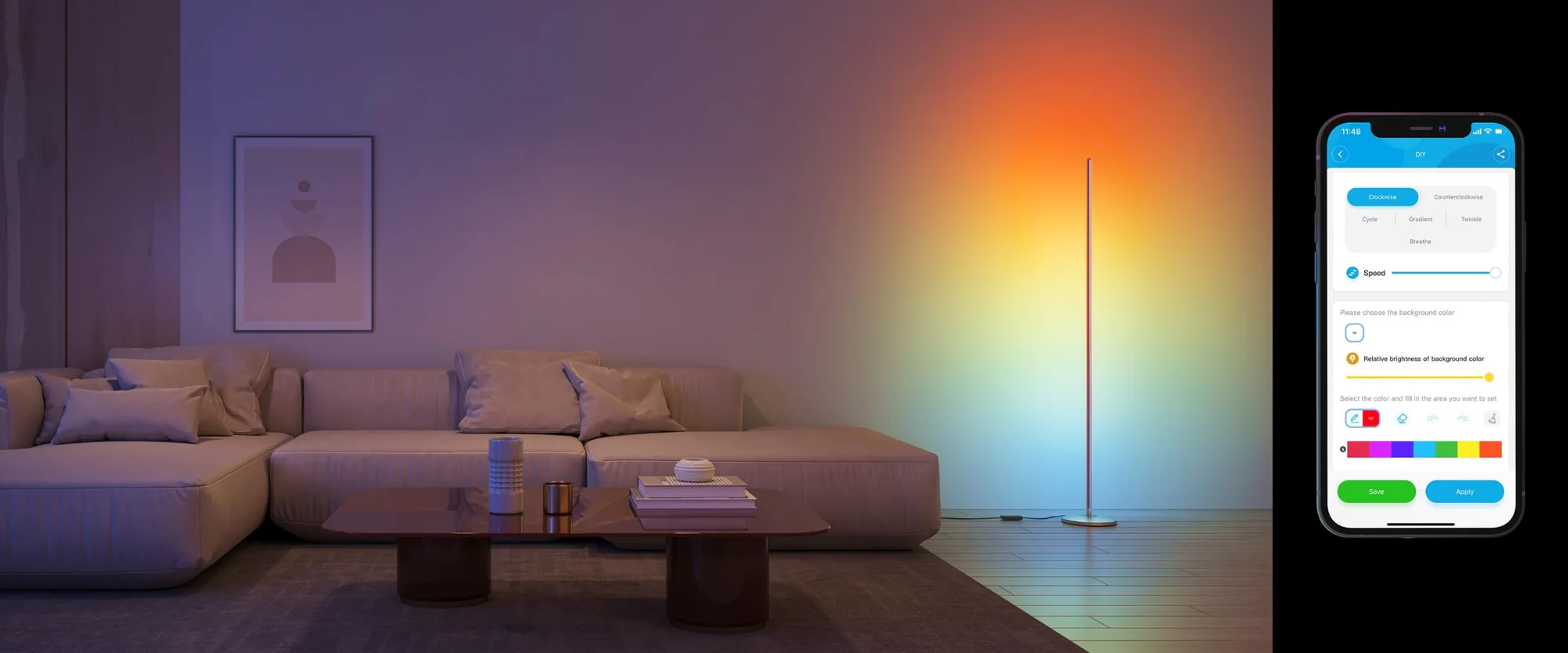 Photo from Govee’s marketing material: the tall lamp beautifully lights up large areas of the wall.
