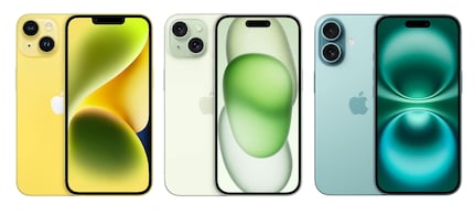 Met name de kleuren zijn anders: iPhone 14, 15 en 16 (vanaf links).