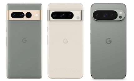 Google Pixel 7, 8 en 9 Pro - van links naar rechts.
