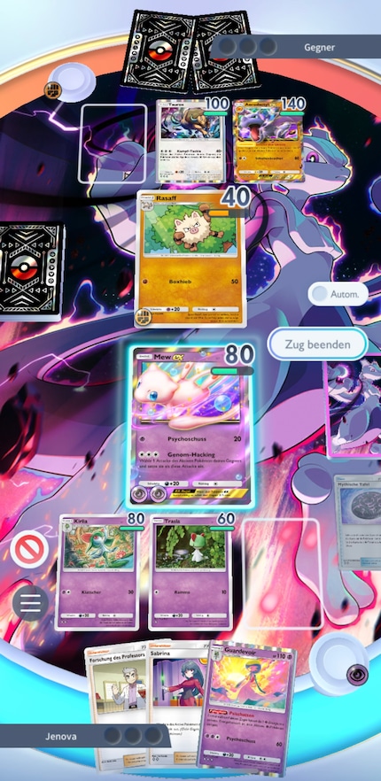 Met mijn geavanceerde Mewtu-ex deck ben ik veruit superieur aan mijn computertegenstander.