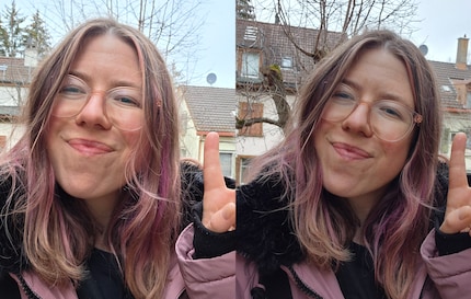Links ein Selfie mit dem Galaxy S25. Mein Hautton wirkt durch den stärkeren Gelbanteil unnatürlich im Vergleich zum S24 rechts.
