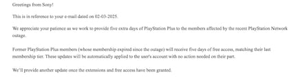 Reddit-gebruiker InfiniteTurnover1 heeft een informatieve e-mail ontvangen van Sony over compensatie na de PSN-storing.