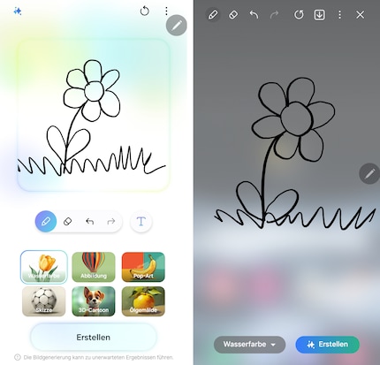 Samsung (links) heeft de gebruikersinterface voor AI-schetsen opnieuw ontworpen. Mooier, maar met minder ruimte om te tekenen.
