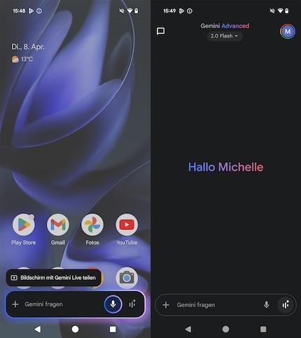  Links is het gesprek met Gemini Live via de aan/uit-knop, rechts via de app.