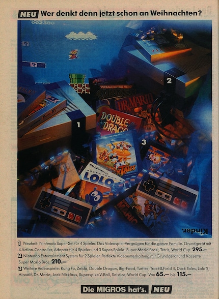 In een advertentie in Brückenbauer, de voorloper van de Migros krant, wordt de NES samen met «Super Marios Bros.» aangeprezen voor 210 frank. De advertentie is van oktober 1991.