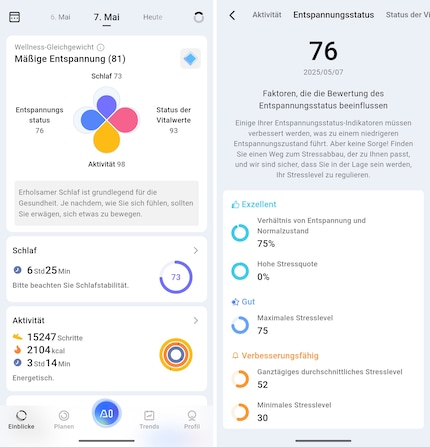 The clearly organised app with the cloverleaf in the screenshot on the left, with the notes on the increased stress level on the right.