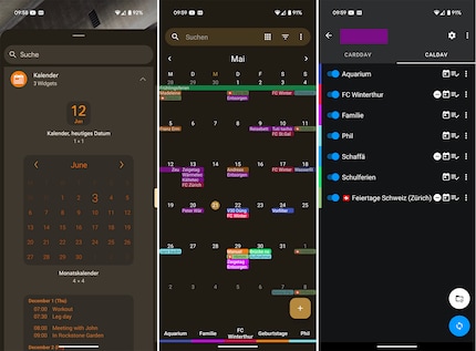 Simple Calendar heeft een eenvoudig ontwerp dat op verschillende manieren kan worden aangepast. De Ksync app (rechts) is nodig voor synchronisatie op Android.