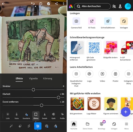 Lightroom links en Adobe Express rechts. De twee apps bieden momenteel veel meer functies dan Photoshop.
