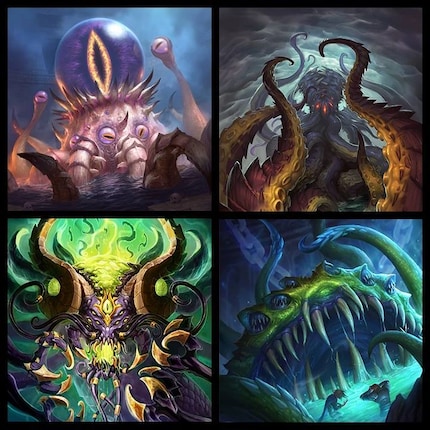 Van linksboven naar rechtsonder: C'Thun, N'Zoth, Y'Shaarj en Yogg-Saron.