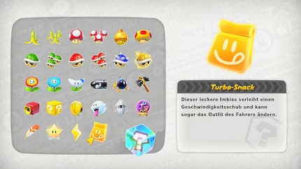 Er zijn ook nieuwe voorwerpen, zoals de «Turbo Snack», waarmee ik nieuwe outfits kan vrijspelen, of de hamer, waarmee ik andere coureurs in elkaar kan slaan.
