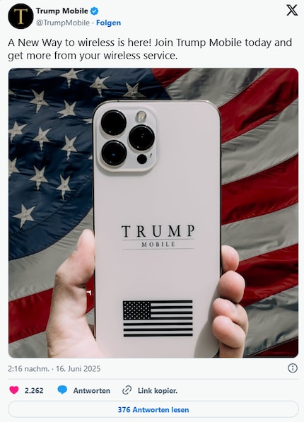 Trump Mobile vertrouwt liever op een bedrukte smartphone van een fabrikant in Californië dan op een eigen toestel om reclame te maken voor de tarieven.