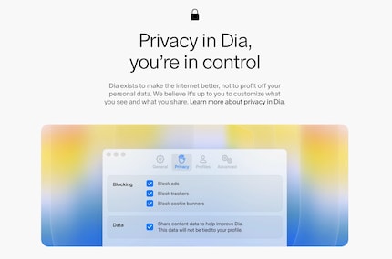 Le navigateur Dia vante à la fois des fonctionnalités d'IA et de confidentialité