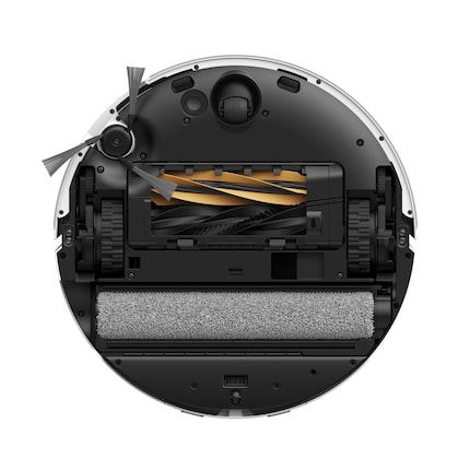 La partie inférieure du robot-aspirateur avec la double brosse et le rouleau.