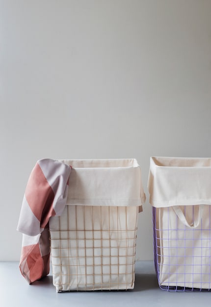 In front of a laundry bag, the basket’s grid pattern almost looks like abstract art.