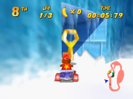 In «Diddy Kong Racing» moet ik soms de racebaan verlaten om op mijn bestemming te komen.