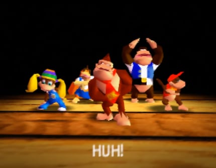 De vijf helden en heldinnen van «Donkey Kong 64» in de legendarische DK-Rap. Van links naar rechts: Tiny, Lanky, Donkey, Chunky en Diddy.