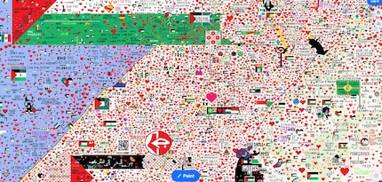 The Gaza Strip is covered with thousands of red hearts.