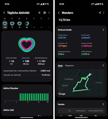 Samsung Health toont activiteiten.