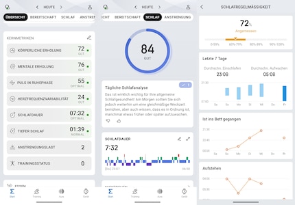De vele metrics helemaal links, de diepgaande slaapanalyse helemaal rechts.