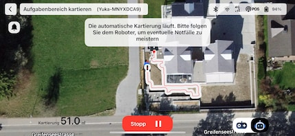 Ich kann in der App nachverfolgen, wie der Yuka Mini automatisch seinen Arbeitsbereich erkundet.