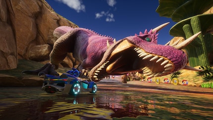 Dankzij items, ringen en wilde verrassingen zoals een pittige T-Rex gaat het er echt aan toe op de circuits.